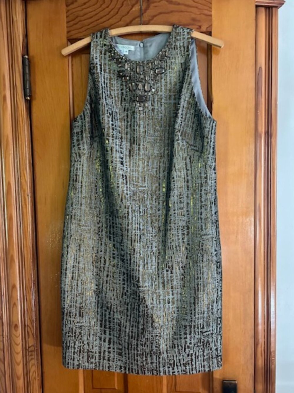 Maggy London Metallic Gold and Black Beaded Shift Midi Dress